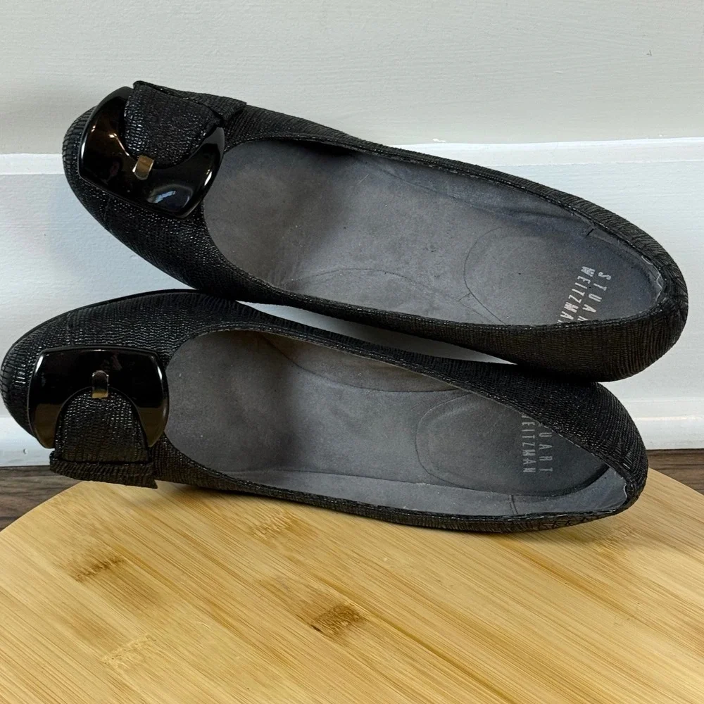 Stuart Weitzman Bucalina Textured Black Buckle Wedge Shoes Women's 8 M Very Nice